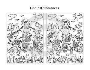 Beautiful girl rag doll find the differences picture puzzle and coloring page