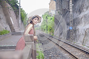Beautiful Girl and Railway Background photo