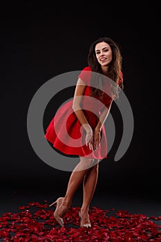 Beautiful girl in a red dress coquettishly posing while standing on rose petals. Indoors.