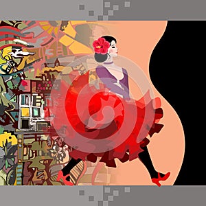 Beautiful girl in red dress dancing flamenco on the background of fantasy town. Chocolate packaging design. Space for text