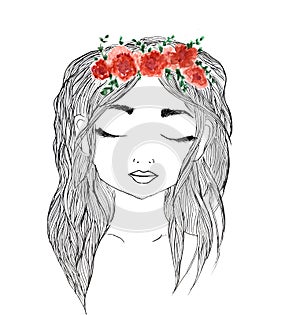 Beautiful girl with red flower wreath in long hair. Hand drawn illustration, t-shirt print