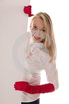 Beautiful girl in red gloves