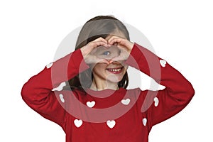 Beautiful girl in red with hearts isolated on white. Sign Heart. Symbol Heart