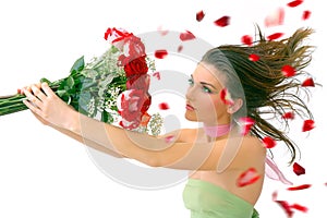 Beautiful girl with red roses against white