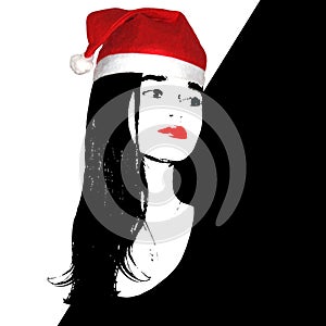 Beautiful girl in red Santa Claus hat on black and white background