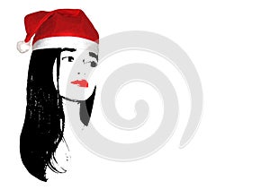 Beautiful girl in red Santa Claus hat on black and white background