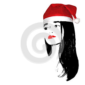 Beautiful girl in red Santa Claus hat on white background