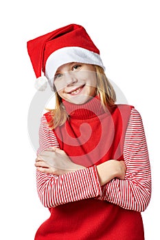 Beautiful girl in red Santa hat isolated