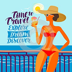 Beautiful girl resting on beach, vector illustration. Travel, voyage concept