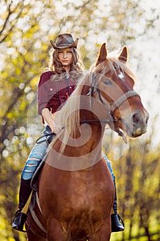 Beautiful girl riding horse on autumn field