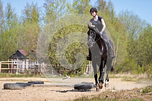 Beautiful girl riding a horse on manege