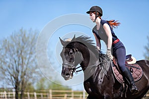 Beautiful girl riding a horse on manege