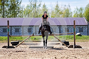 Beautiful girl riding a horse on manege