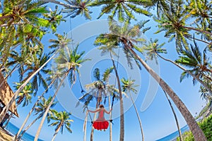 Beautiful girl on rope swing among coconut palms on beach