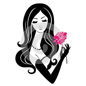 Beautiful girl with rose isolated on white background. Vector illustration of Woman with pink flower