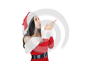 Beautiful girl Santa Claus with dark hair in suit on white background. Insulations.