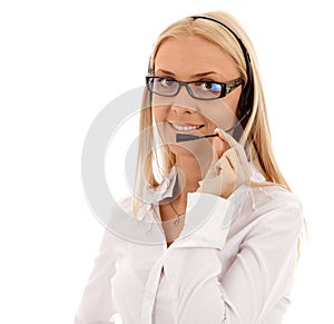 Beautiful girl secretary with headphones and glasses