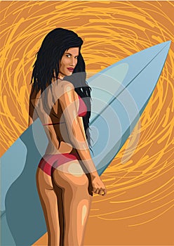 Beautiful girl hot woman surfer, surfing, with surfboard, s photo