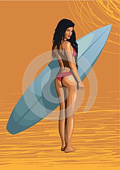 Beautiful girl hot woman surfer, surfing, with surfboard, s photo