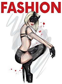 Beautiful girl in sexy underwear and a mask. Love, sex, bdsm. Vector illustration for greeting card or poster, print on clothes.