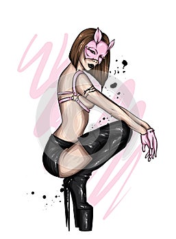 Beautiful girl in sexy underwear and a mask. Love, sex, bdsm. Vector illustration for greeting card or poster, print on clothes.