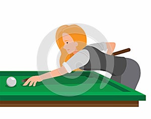 Beautiful girl shooting ball with cue stick, woman playing billiard game in cartoon flat illustration editable vector