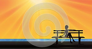 Beautiful girl silhouette sitting on a bench near lake, summer sun