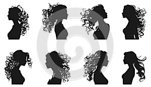 Beautiful girl silhouettes. Handsome women with fluffy hair vector profile set, half-length female models black