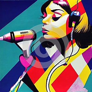 a beautiful girl singing at a microphone, pop art illustration, ai generated image