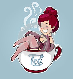 Beautiful girl sit in tea cup. Cartoon Character for cafe.