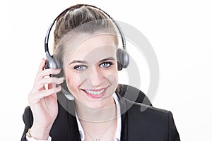 Beautiful girl smiling teleoperator headset