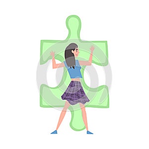 Beautiful Girl Solving Jigsaw Puzzle, Person Trying to Connect Big Green Puzzle Element Cartoon Style Vector