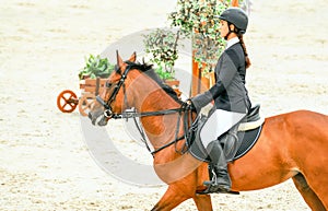 Beautiful girl on sorrel horse in jumping show, equestrian sports.