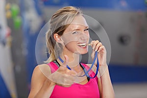 beautiful girl and sports medals