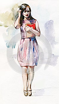 Beautiful girl staying with the folder watercolor illustration