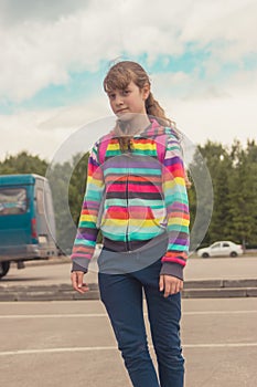 Beautiful girl striped hoodie portrait summer outdoor