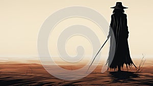 Beautiful girl in the style of a witch in Gothic clothes with a staff on a plain background.