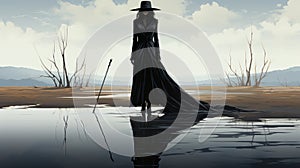 Beautiful girl in the style of a witch in Gothic clothes with a staff on a plain background.