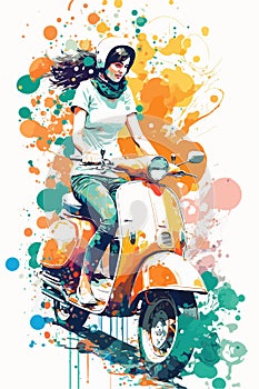 Beautiful girl in a stylish closes sits on a vintage moped.