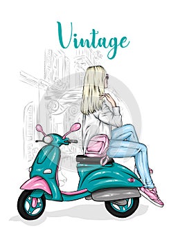Beautiful girl in a stylish closes sits on a vintage moped. Vector illustration for postcard or poster, print for clothes.
