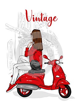 Beautiful girl in a stylish closes sits on a vintage moped. Vector illustration for postcard or poster, print for clothes.