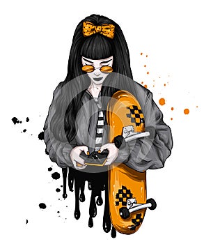 Beautiful girl in stylish clothes and a skateboard. Skater. Emo kid. Vector illustration for a postcard or poster.