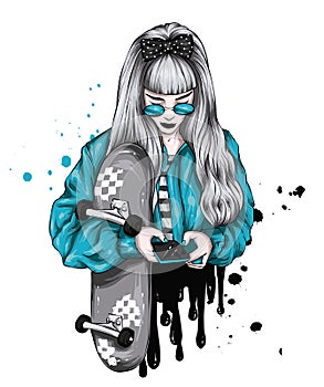 Beautiful girl in stylish clothes and a skateboard. Skater. Emo kid. Vector illustration for a postcard or poster.
