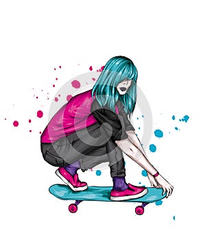 Beautiful girl in stylish clothes and a skateboard. Skater. Emo kid. Vector illustration for a postcard or poster.