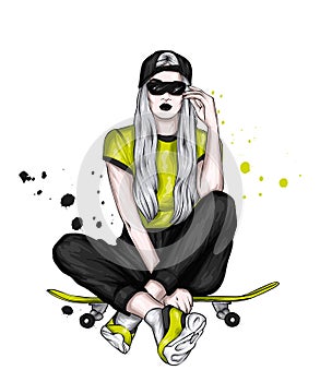 Beautiful girl in stylish clothes and a skateboard. Skater. Emo kid. Vector illustration for a postcard or poster.