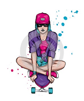 Beautiful girl in stylish clothes and a skateboard. Skater. Emo kid. Vector illustration for a postcard or poster.