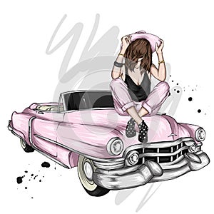Beautiful girl in stylish clothes and a vintage car. Fashion and style, clothing and accessories. Vector illustration