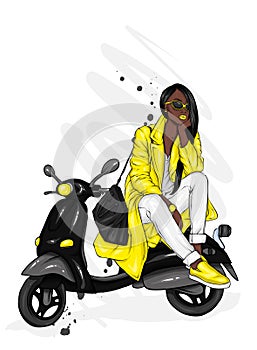 Beautiful girl in a stylish coat, jeans and shoes. Vector illustration for a postcard or a poster. Fashion and style, clothing.