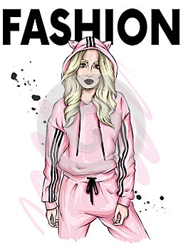 Beautiful girl in a stylish tracksuit. Fashion clothes and accessories, fashion and style. Illustration. Bright drawing.