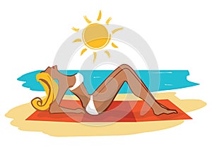 Beautiful girl sunbathing on the beach, cartoon.